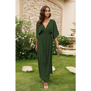 Meenew Women's M Summer Maxi Dress High Slit Loose Long Dress, Dark Olive Green